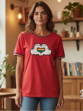 Disney Red Rainbow-Trim Heart Hands Graphic Tee